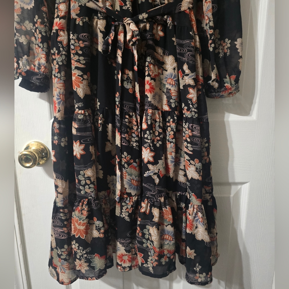 Molly Bracken Floral Print Ruffle Hem Midi Shirt Dress, Stretch Waist, EUC! - Picture 5 of 16